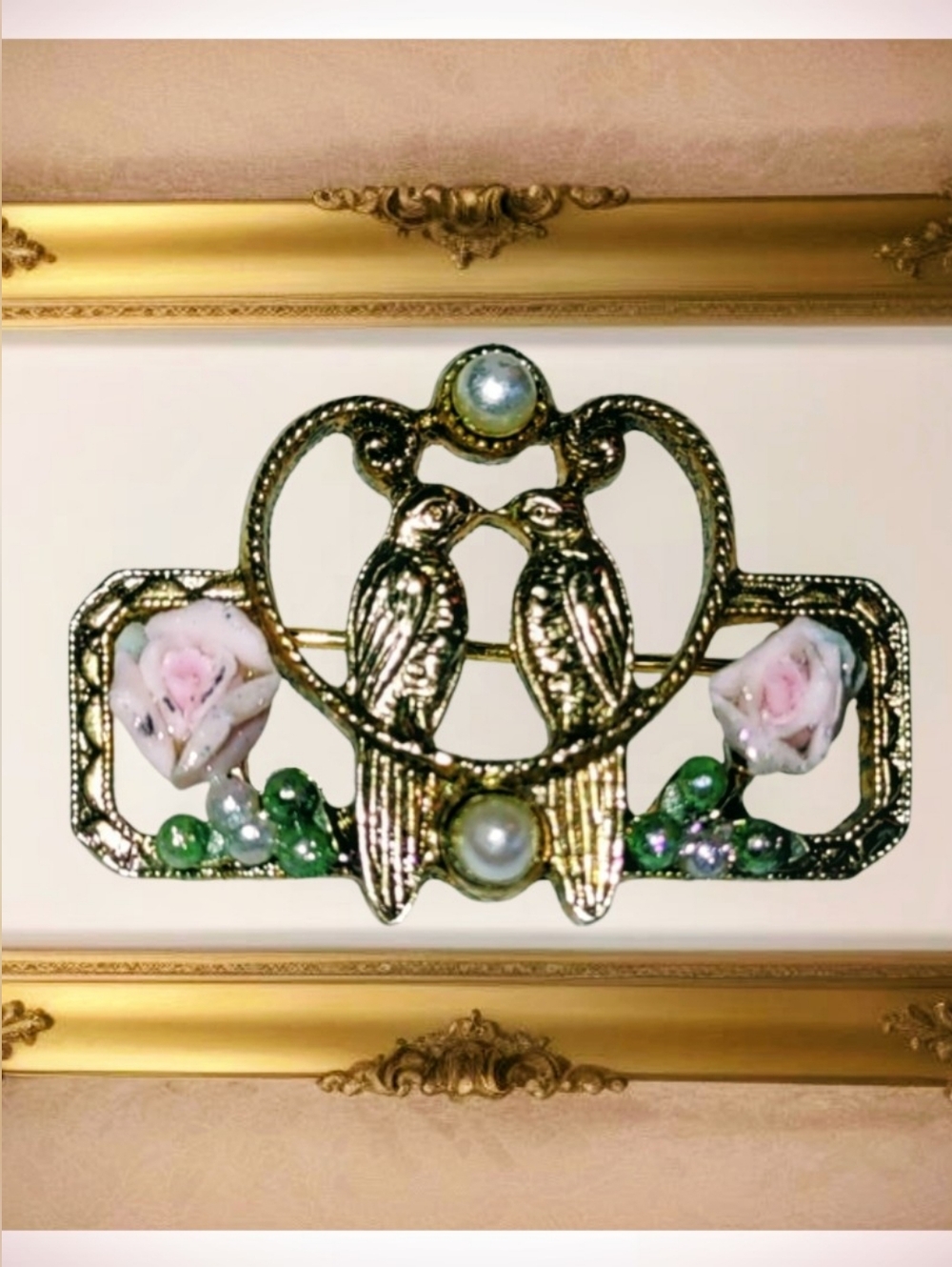 Love Birds Perched On Branch Kissing inside Heart Brooch 1928